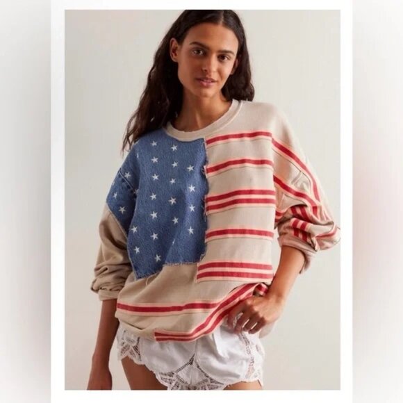 Free People X Tricia Fix Flag Sweatshirt NWT XL MSRP $298 *must have* SOLD OUT - Picture 1 of 14